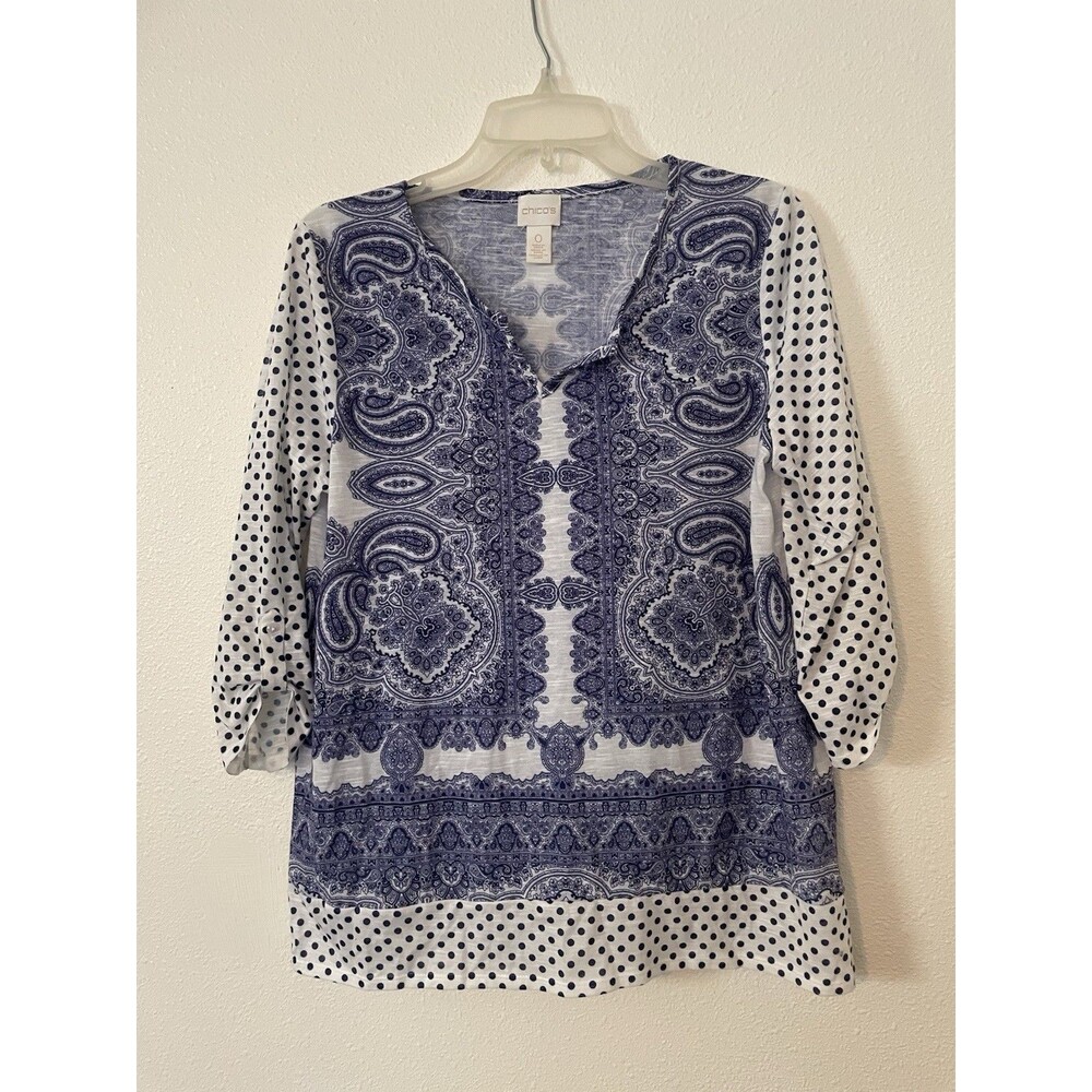 Chico’s Size 0 Blue White Paisley Medallion Tunic Top 3/4 Sleeve Boho Womens